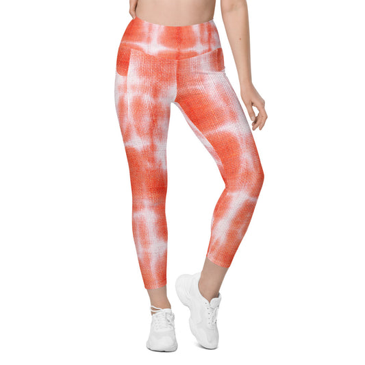 Red Orange Tie Dye Women Leggings Side Pockets, Printed Yoga Pants Graphic Workout Running Gym Designer Plus Size Tights Starcove Fashion
