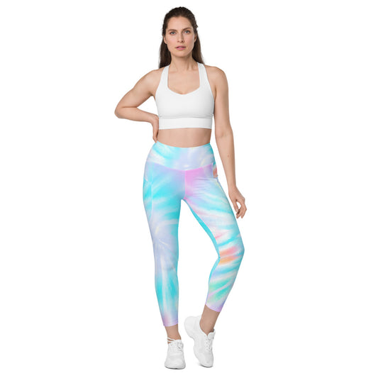 Rainbow Tie Dye Blue Women Leggings Side Pockets, Pastel Printed Yoga Pants Graphic Workout Running Gym Designer Plus Size Tights Starcove Fashion