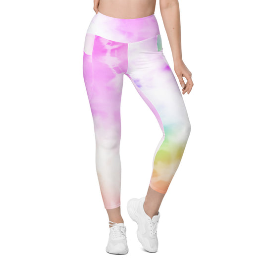 Rainbow Fuchsia Tie Dye Women Leggings Side Pockets, Printed Yoga Pants Graphic Workout Running Gym Designer Plus Size Tights Starcove Fashion