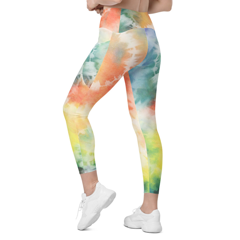 Orange Blue Tie Dye Women Leggings Side Pockets, Printed Yoga Pants Graphic Workout Running Gym Designer Plus Size Tights Starcove Fashion