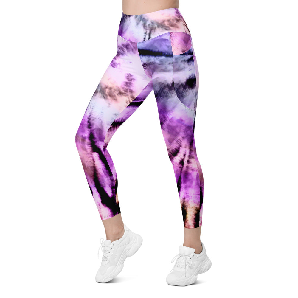 Purple Black Tie Dye Women Leggings Side Pockets, Printed Yoga Pants Graphic Workout Running Gym Designer Plus Size Tights Starcove Fashion