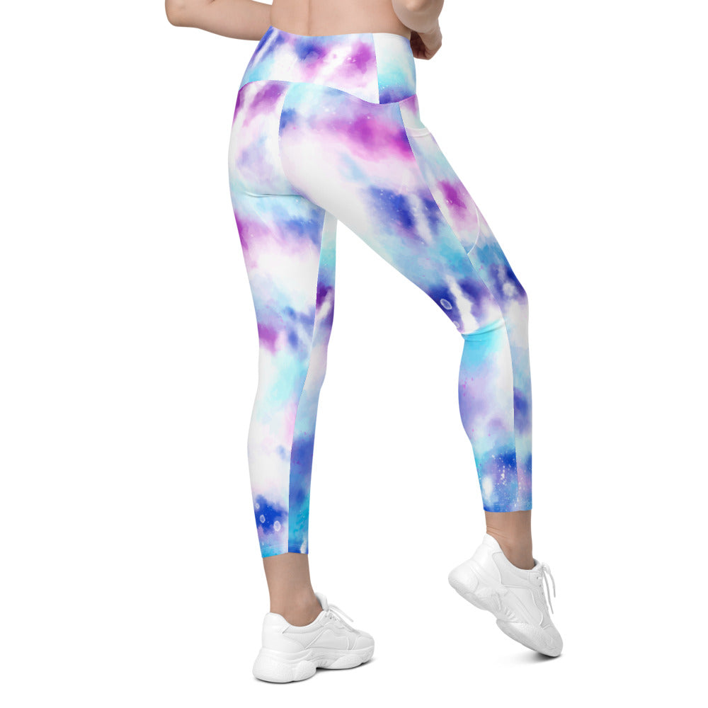Purple Blue Tie Dye Women Leggings Side Pockets, Printed Yoga Pants Graphic Workout Running Gym Designer Plus Size Tights Starcove Fashion