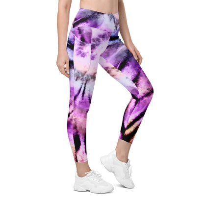 Purple Black Tie Dye Women Leggings Side Pockets, Printed Yoga Pants Graphic Workout Running Gym Designer Plus Size Tights Starcove Fashion