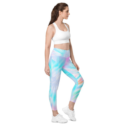 Rainbow Tie Dye Blue Women Leggings Side Pockets, Pastel Printed Yoga Pants Graphic Workout Running Gym Designer Plus Size Tights Starcove Fashion