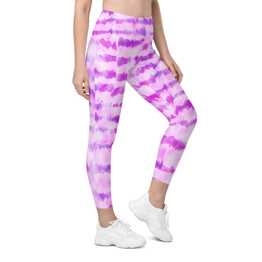 Pink Tie Dye Women Leggings Side Pockets, Printed Yoga Pants Graphic Workout Running Gym Designer Plus Size Tights Starcove Fashion