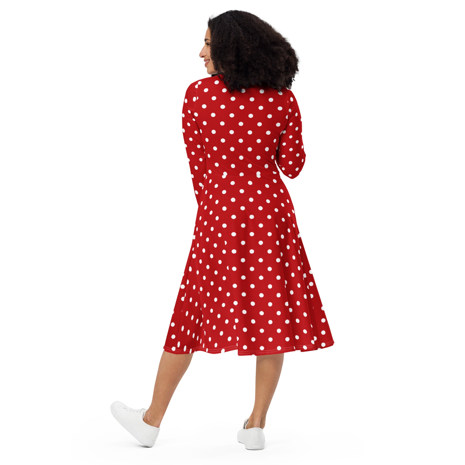 Red Polka Dots Long Sleeve Midi Dress with Pockets, White Women Casual Cute Designer Flare Elegant Plus Size Dress Starcove Fashion