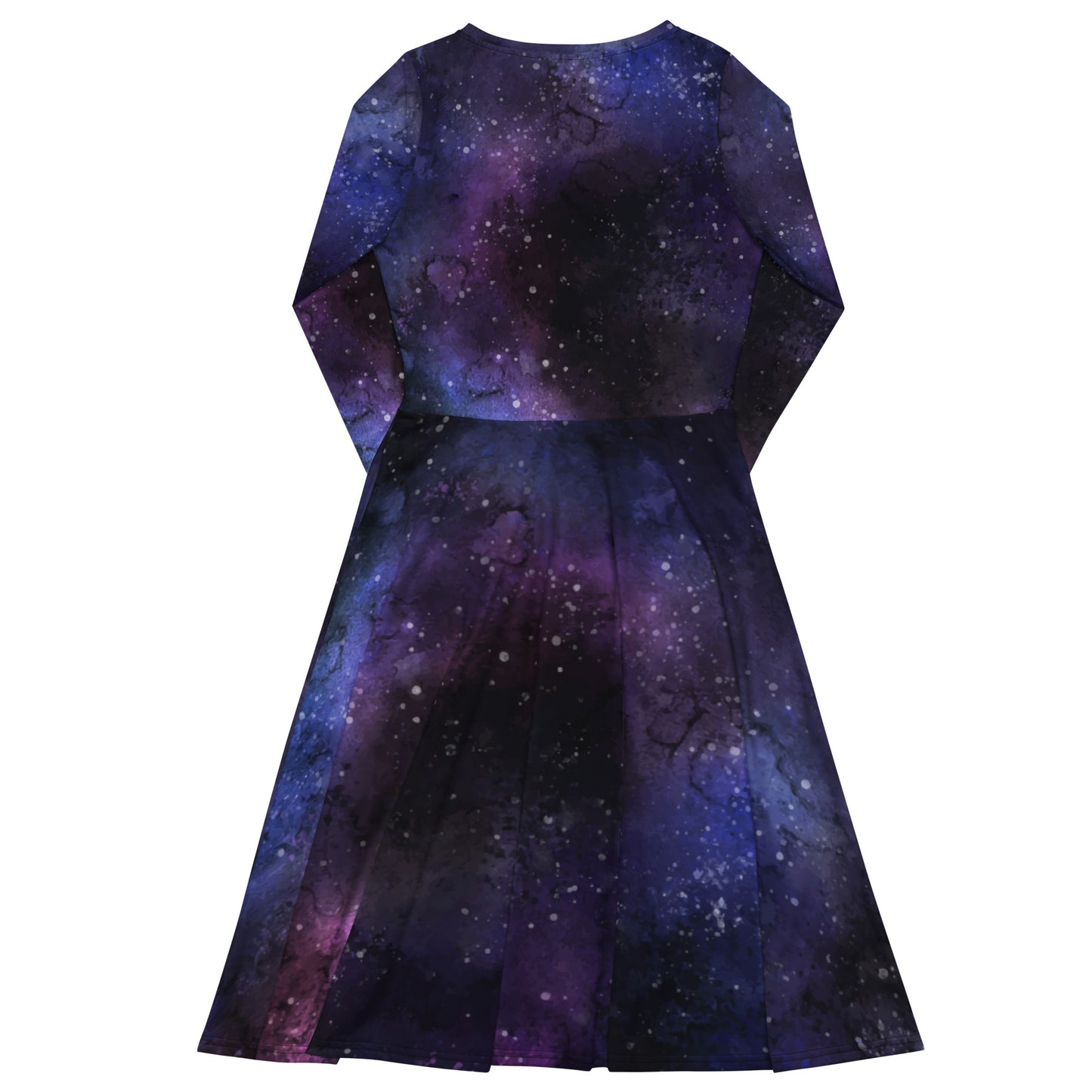 Galaxy Long Sleeve Midi Dress with Pockets, Space Universe Purple Women Casual Cute Designer Flare Elegant Plus Size Dress