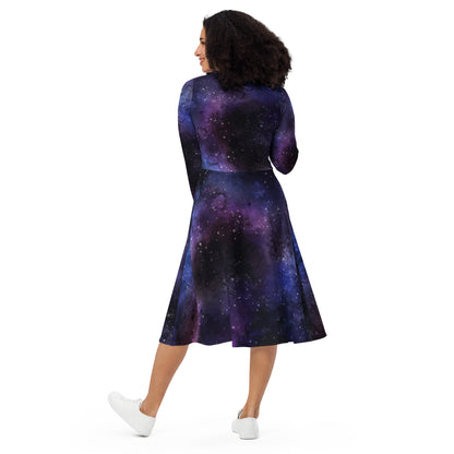 Galaxy Long Sleeve Midi Dress with Pockets, Space Universe Purple