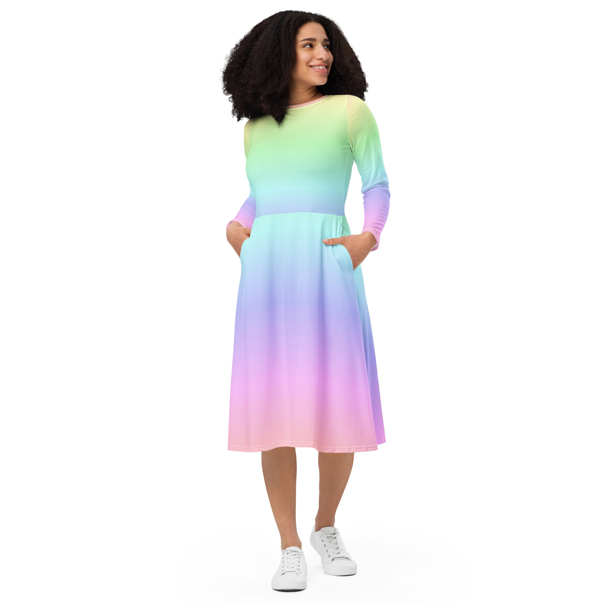 Pastel Rainbow Long Sleeve Midi Dress with Pockets, Women Ombre Gradie Starcove Fashion Pastel Rainbow Long Sleeve Midi Dress with Pockets, Women Ombre Gradie Starcove Fashion