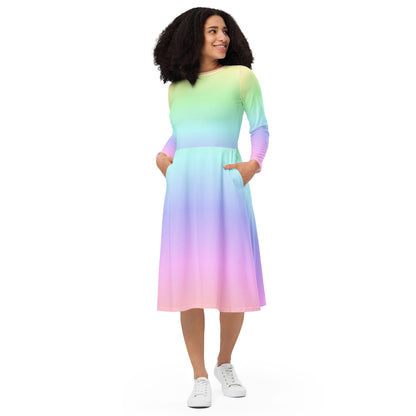 Pastel Rainbow Long Sleeve Midi Dress with Pockets, Women Ombre Gradient Pink Tie Dye Casual Cute Designer Flare Elegant Plus Size Dress 2XL Pastel Rainbow Long Sleeve Midi Dress with Pockets, Women Ombre Gradient Pink Tie Dye Casual Cute Designer Flare Elegant Plus Size Dress 2XL
