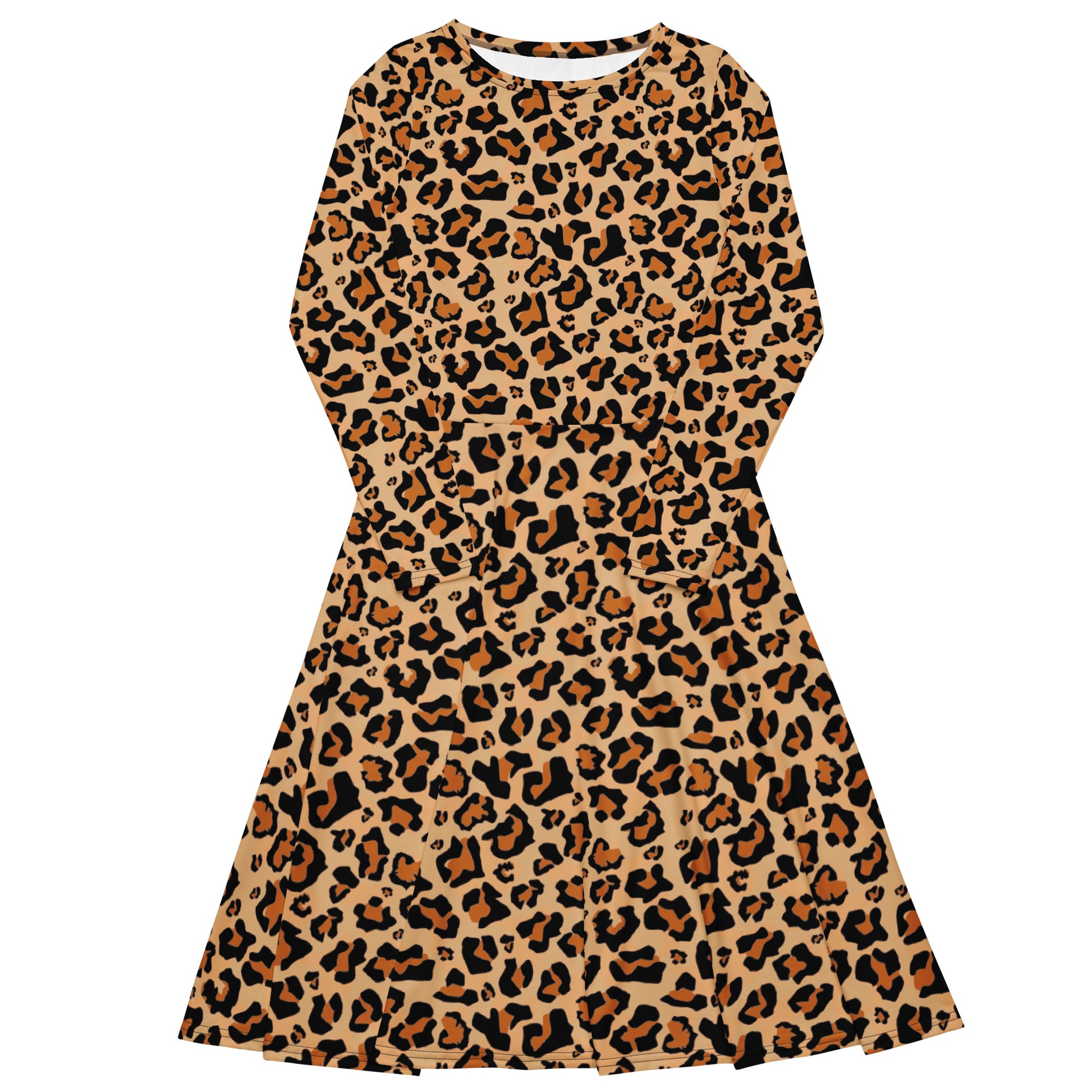 Leopard Long Sleeve Midi Dress with Pockets, Cheetah Animal Print Women Casual Cute Designer Flare Elegant Plus Size Dress Starcove Fashion