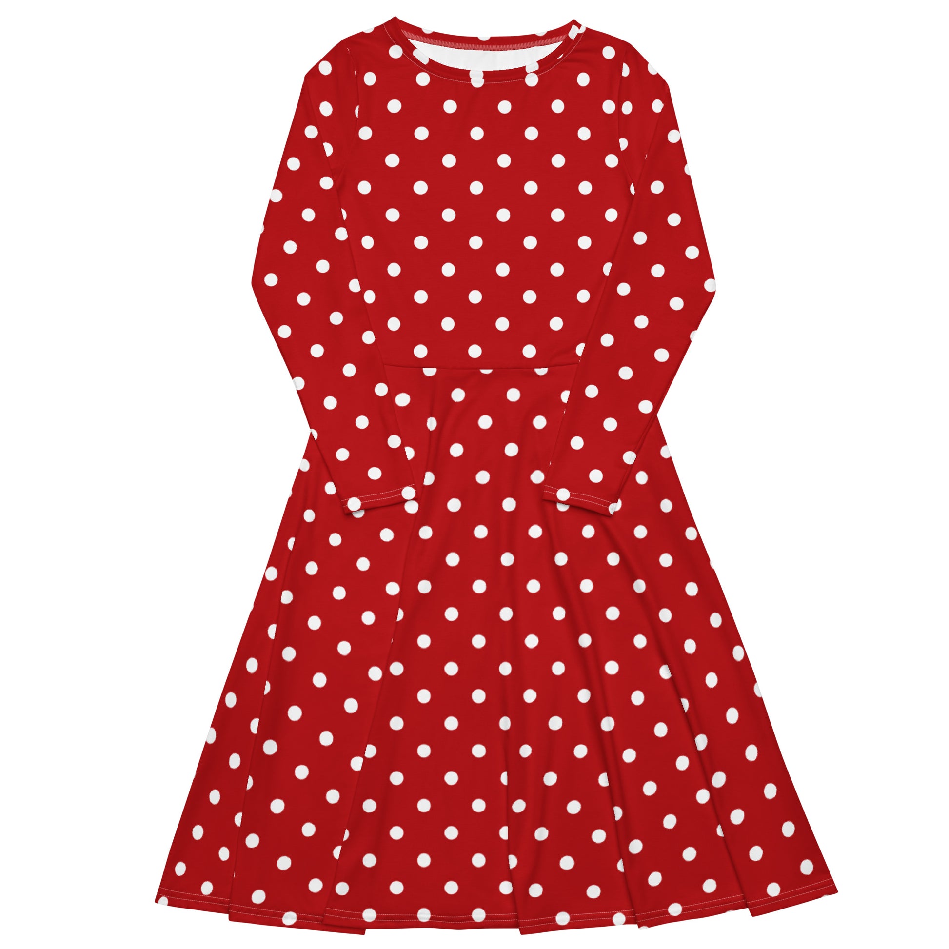Red Polka Dots Long Sleeve Midi Dress with Pockets, White Women Casual Cute Designer Flare Elegant Plus Size Dress XS Red Polka Dots Long Sleeve Midi Dress with Pockets, White Women Casual Cute Designer Flare Elegant Plus Size Dress XS