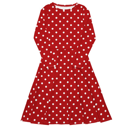 Red Polka Dots Long Sleeve Midi Dress with Pockets, White Women Casual Cute Designer Flare Elegant Plus Size Dress Starcove Fashion