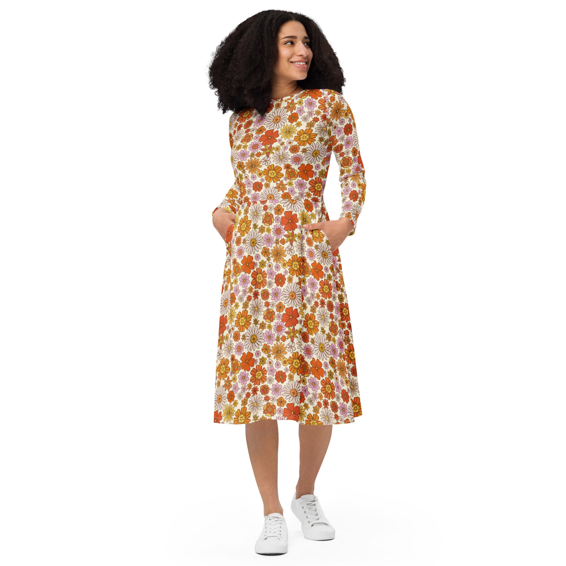 Retro Flowers Long Sleeve Midi Dress with Pockets, Floral Vintage Groo Starcove Fashion Retro Flowers Long Sleeve Midi Dress with Pockets, Floral Vintage Groo Starcove Fashion