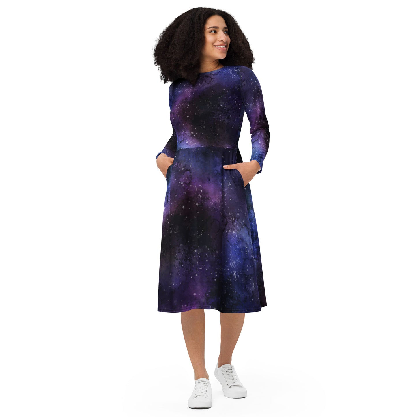Galaxy Long Sleeve Midi Dress with Pockets, Space Universe Purple Women Casual Cute Designer Flare Elegant Plus Size Dress
