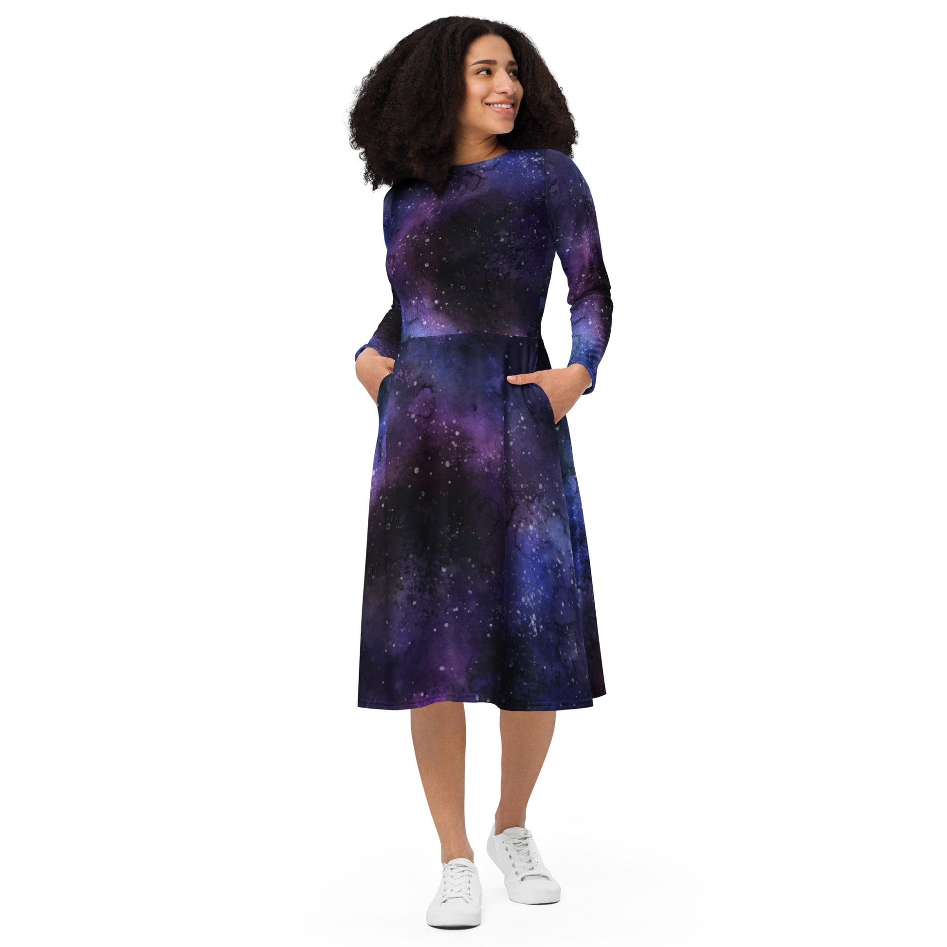 Galaxy Long Sleeve Midi Dress with Pockets, Space Universe Purple Women Casual Cute Designer Flare Elegant Plus Size Dress L Galaxy Long Sleeve Midi Dress with Pockets, Space Universe Purple Women Casual Cute Designer Flare Elegant Plus Size Dress L