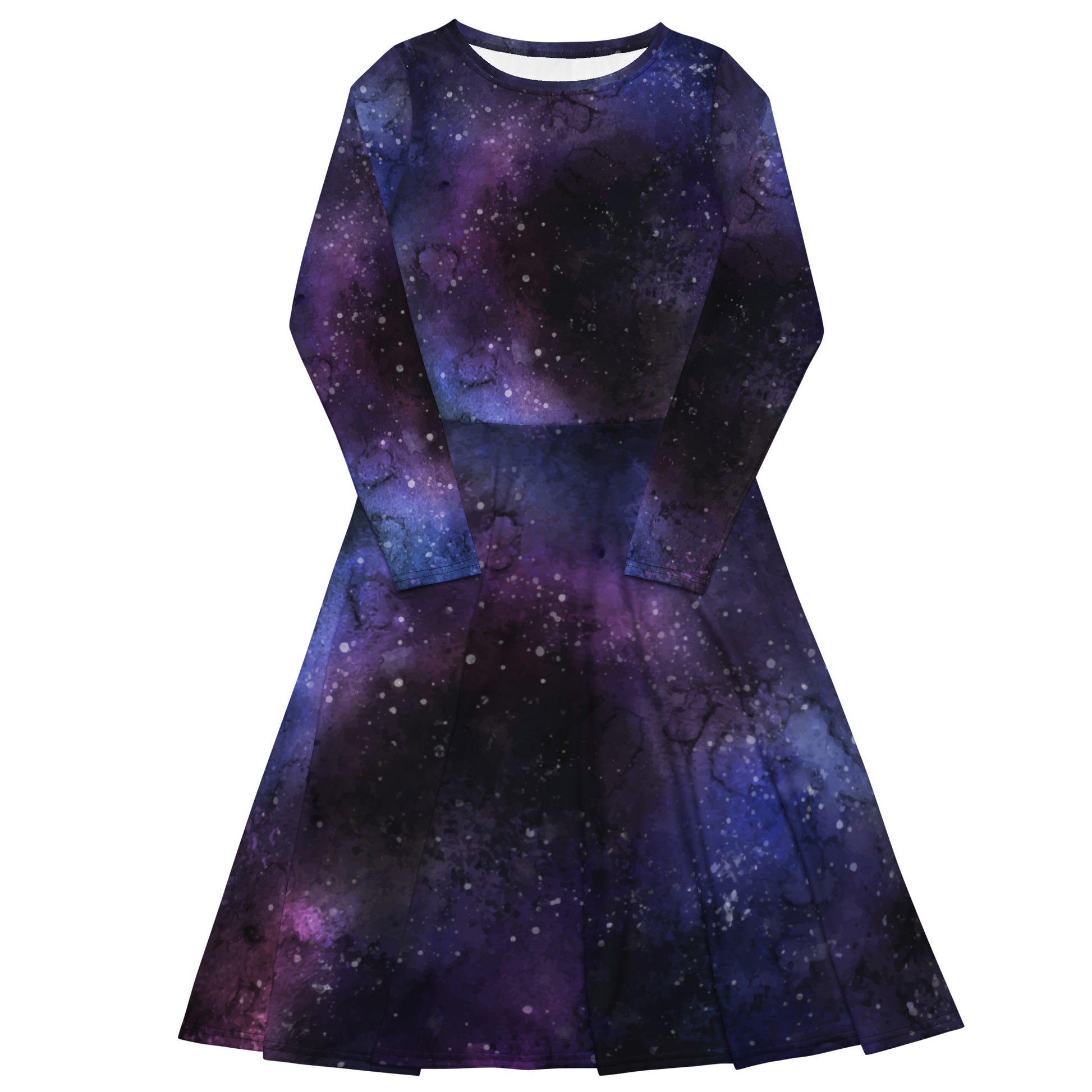 Galaxy Long Sleeve Midi Dress with Pockets, Space Universe Purple Women Casual Cute Designer Flare Elegant Plus Size Dress Starcove Fashion