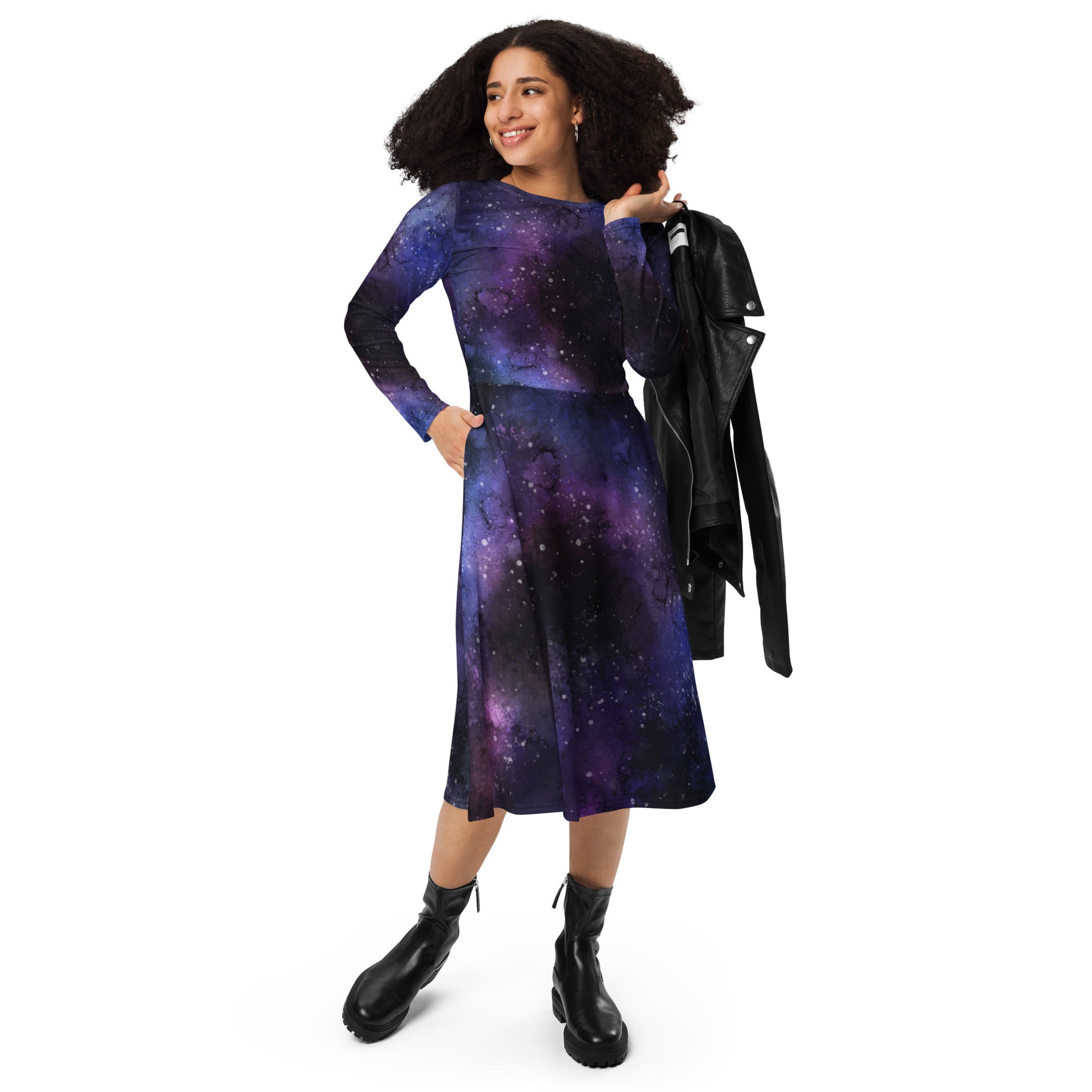 Galaxy Long Sleeve Midi Dress with Pockets, Space Universe Purple Women Casual Cute Designer Flare Elegant Plus Size Dress Starcove Fashion