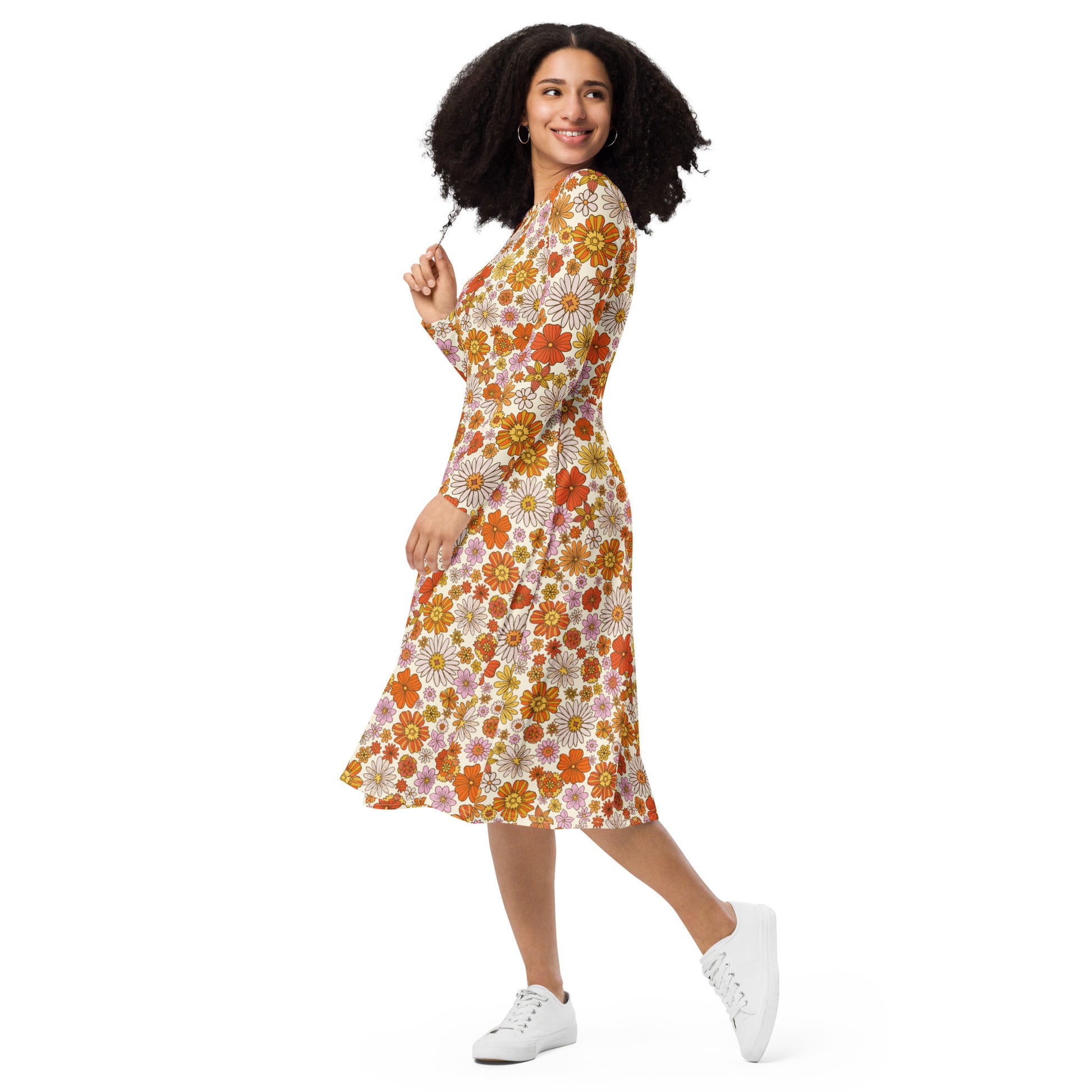 Retro Flowers Long Sleeve Midi Dress with Pockets, Floral Vintage Groovy 70s Women Casual Cute Designer Flare Elegant Plus Size Dress 5XL Retro Flowers Long Sleeve Midi Dress with Pockets, Floral Vintage Groovy 70s Women Casual Cute Designer Flare Elegant Plus Size Dress 5XL