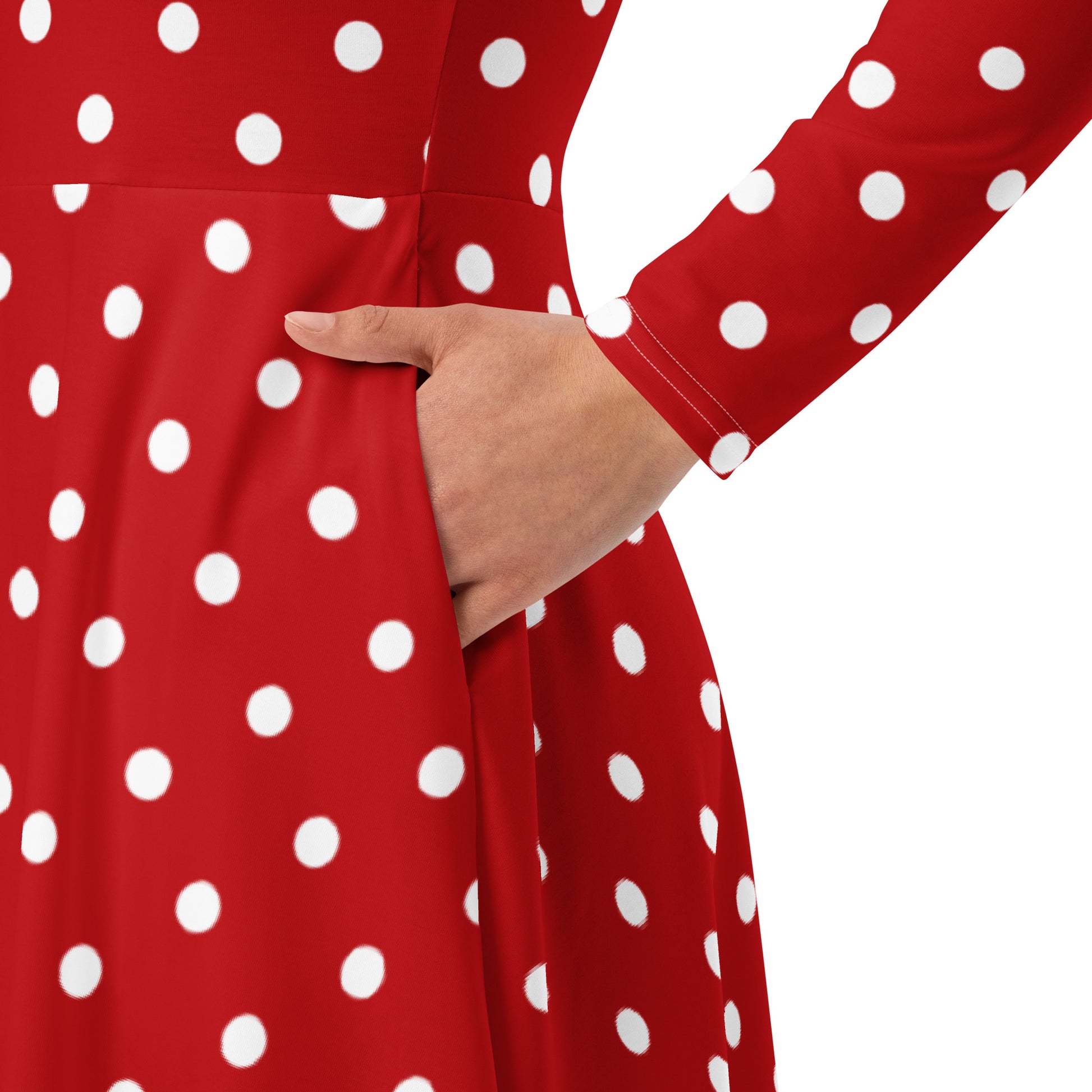 Red Polka Dots Long Sleeve Midi Dress with Pockets, White Women Casual Starcove Fashion Red Polka Dots Long Sleeve Midi Dress with Pockets, White Women Casual Starcove Fashion