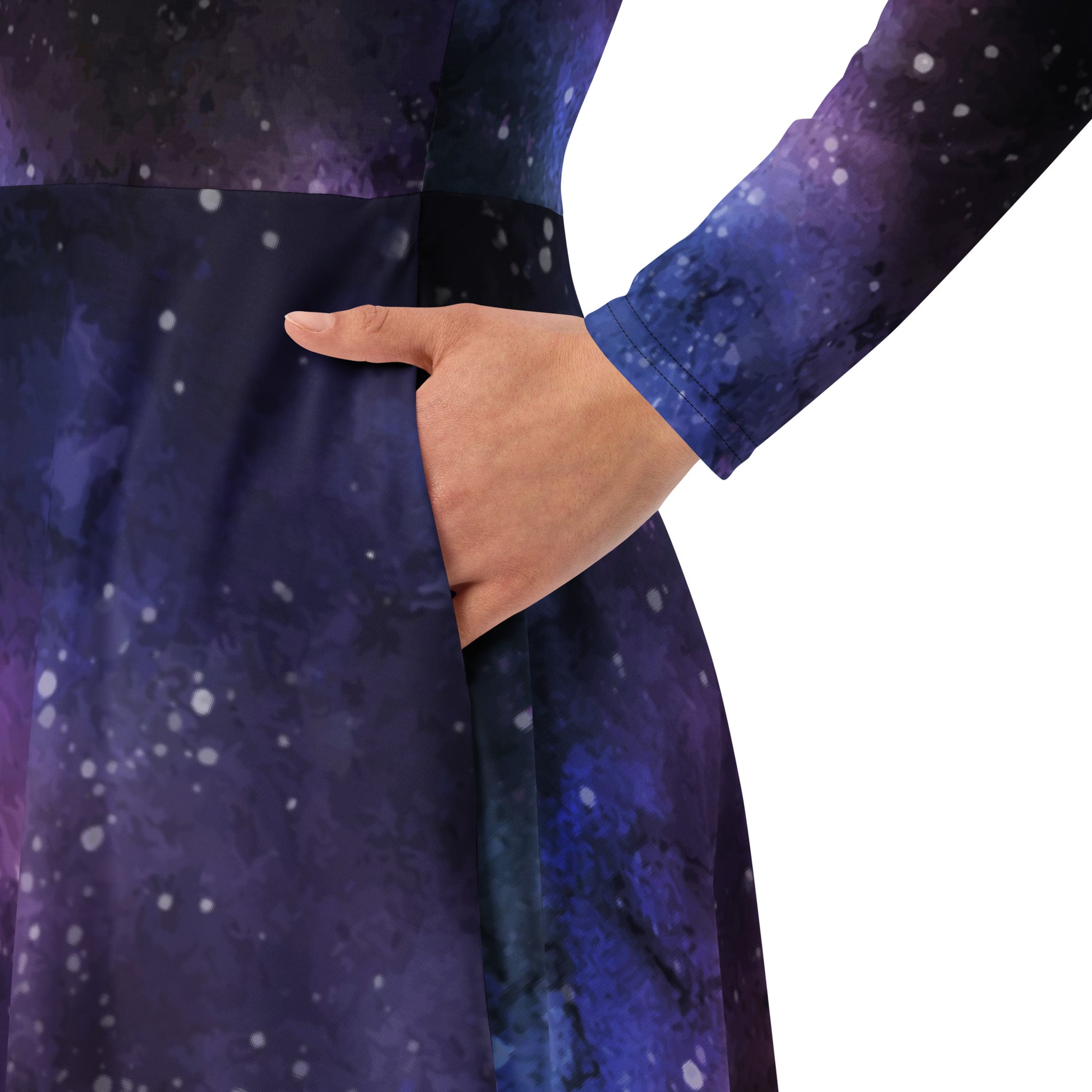 Galaxy Long Sleeve Midi Dress with Pockets, Space Universe Purple Women Casual Cute Designer Flare Elegant Plus Size Dress S Galaxy Long Sleeve Midi Dress with Pockets, Space Universe Purple Women Casual Cute Designer Flare Elegant Plus Size Dress S