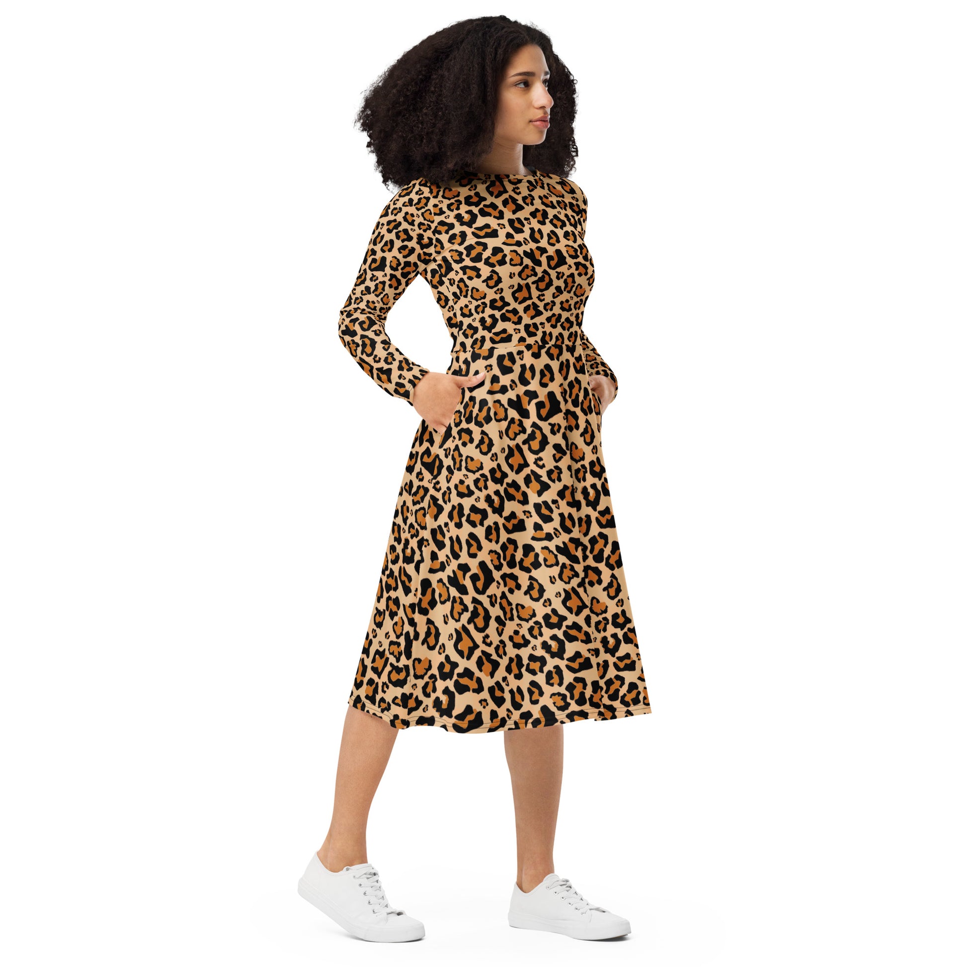 Leopard Long Sleeve Midi Dress with Pockets, Cheetah Animal Print Women Casual Cute Designer Flare Elegant Plus Size Dress Starcove Fashion