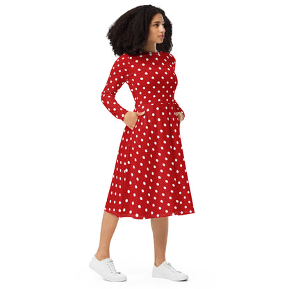 red and white polka dot dress plus size Rusticease Plus Size Red Polka Dot Dress Wedding Guest Party Semi Formal Ruffle Flounce Sleeve Round Neck Regular Fit Woven Fabric Casual Va,2XL