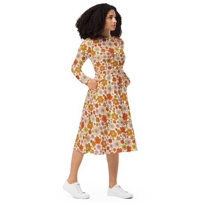Retro Flowers Long Sleeve Midi Dress with Pockets, Floral Vintage Groovy 70s Women Casual Cute Designer Flare Elegant Plus Size Dress Starcove Fashion
