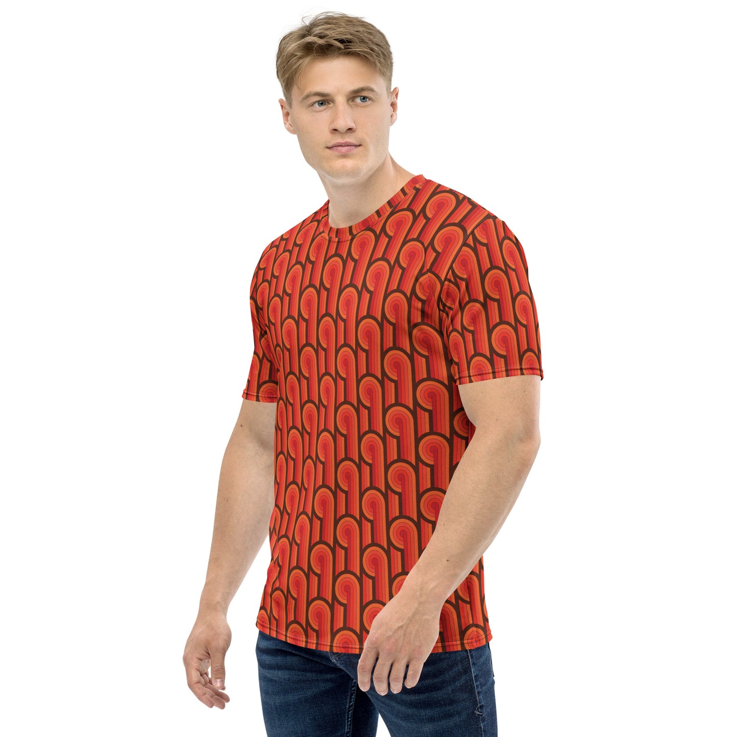 Groovy Men Tshirt, Geometric Retro Red Brown 70s Designer Graphic Aesthetic Fashion Crewneck Tee Top Gift Shirt Starcove Fashion