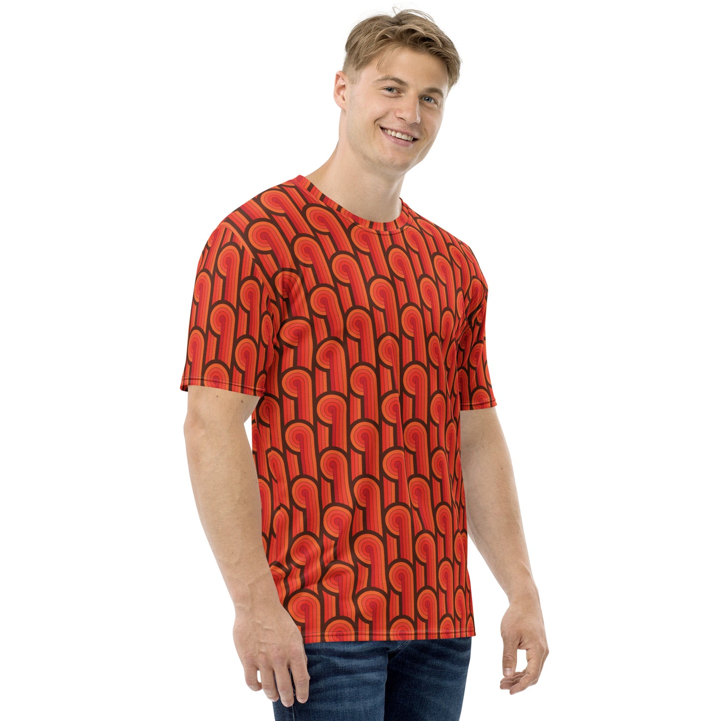 Groovy Men Tshirt, Geometric Retro Red Brown 70s Designer Graphic Aesthetic Fashion Crewneck Tee Top Gift Shirt Starcove Fashion