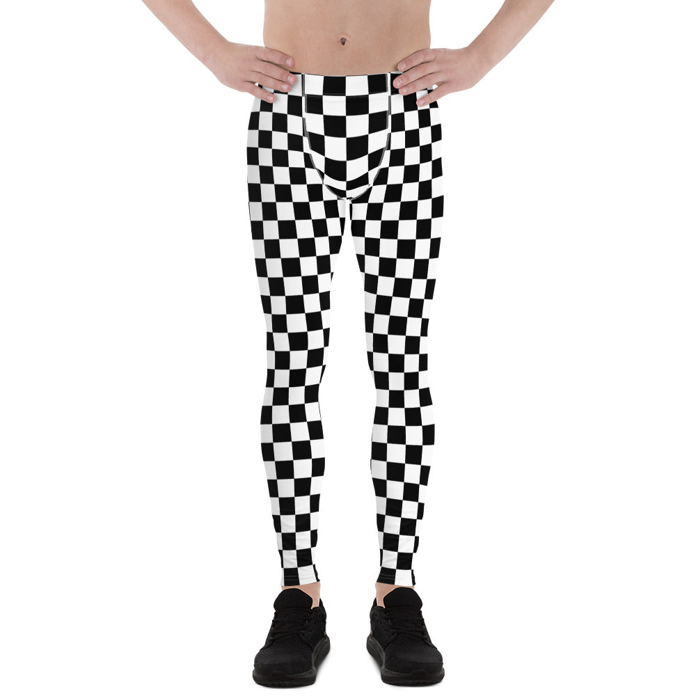 Checkered Men's Leggings, Black White Squares Check Printed Yoga Sports Running Workout Festival Fitness Pants Tights Starcove Fashion