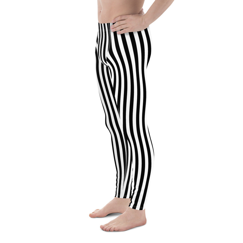 Black White Striped Men's Leggings, Vertical Stripe Rave Goth Costume Printed Yoga Sports Workout Festival Fitness Pants Tights Starcove Fashion