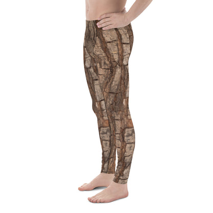 Tree Bark Camo Men Leggings, Real Wood Costume Forest Trunk Brown Halloween Cosplay Hunting Nature Printed Adult Pants Tights Starcove Fashion