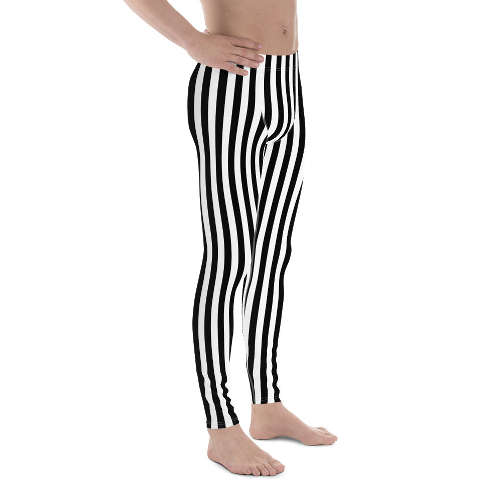 Black White Striped Men's Leggings, Vertical Stripe Rave Goth Costume Printed Yoga Sports Workout Festival Fitness Pants Tights Starcove Fashion