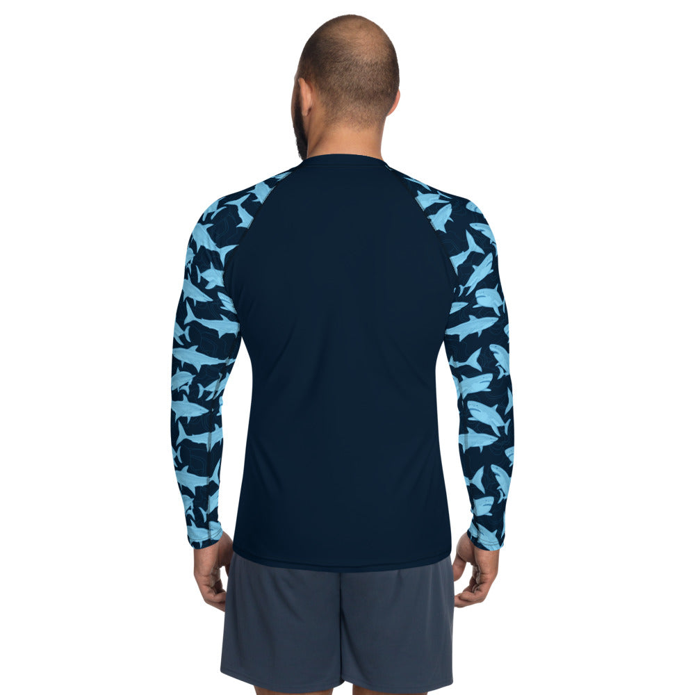 Blue Shark Men Rash Guard, Navy Print Surf Long Sleeve Swim Shirt Swimwear  Sun Beach Designer Wet Suit Protection 40 UPF
