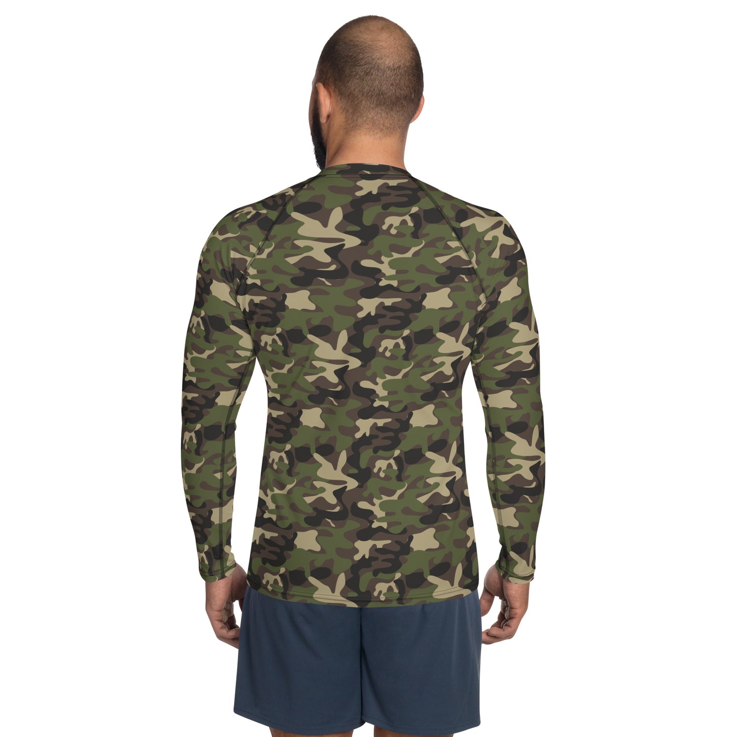 Camo Men Rash Guard, Green Camouflage Print Surf Long Sleeve Swim Shirt Swimwear Sun Beach Designer Wet Suit Army Protection 40 UPF Starcove Fashion