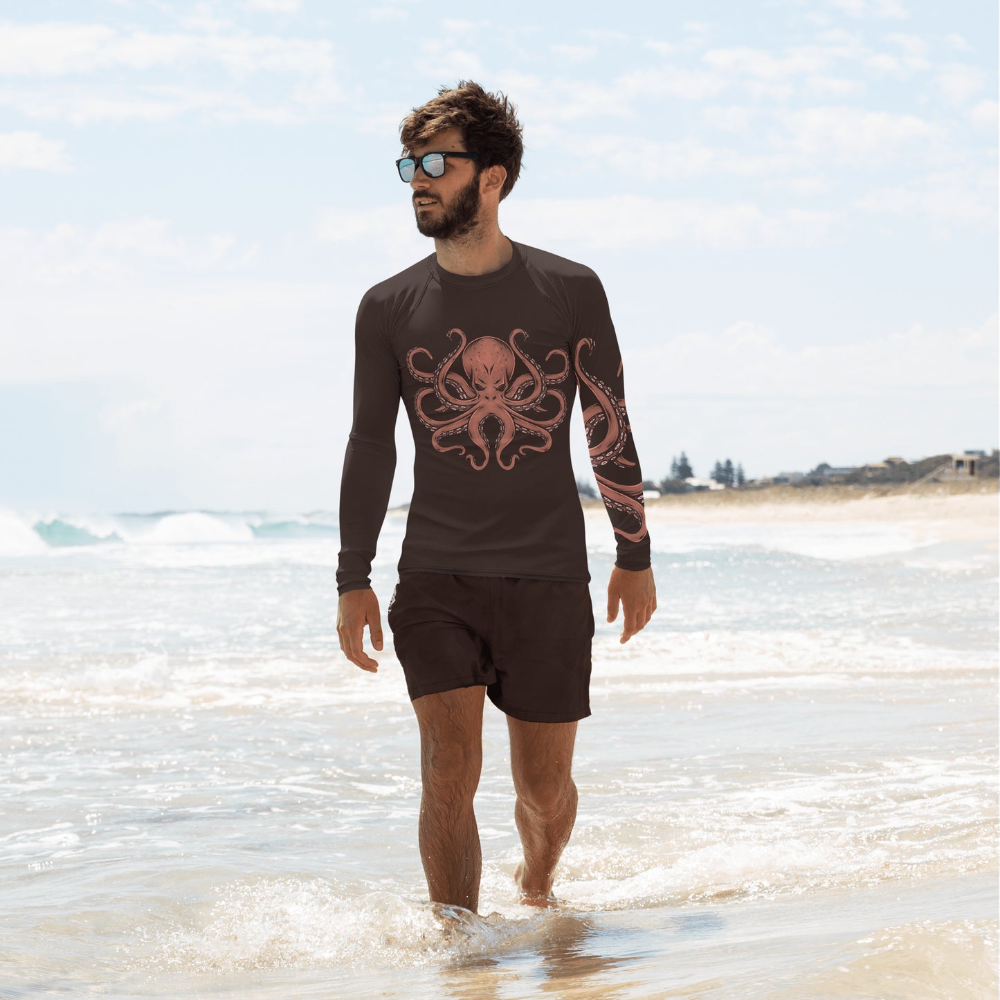 Octopus Men Rash Guard, Kraken Ocean Sea Fish Print Surf Long Sleeve Swim Shirt Sun Protection Beach Designer Wet Suit Jiu Jitsu UPF Cover