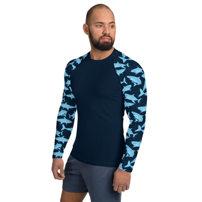 Blue Shark Men Rash Guard, Navy Print Surf Long Sleeve Swim Shirt Swimwear Sun Beach Designer Wet Suit Protection 40 UPF Starcove Fashion