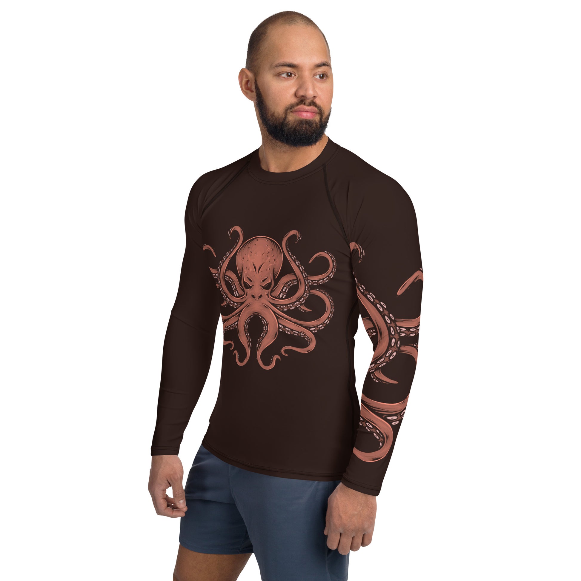 Octopus Men Rash Guard, Kraken Ocean Sea Fish Print Surf Long Sleeve Swim Shirt Sun Protection Beach Designer Wet Suit Jiu Jitsu UPF Cover Starcove Fashion