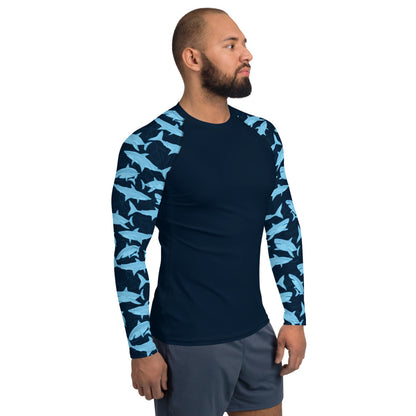 Blue Shark Men Rash Guard, Navy Print Surf Long Sleeve Swim Shirt Swimwear Sun Beach Designer Wet Suit Protection 40 UPF Starcove Fashion