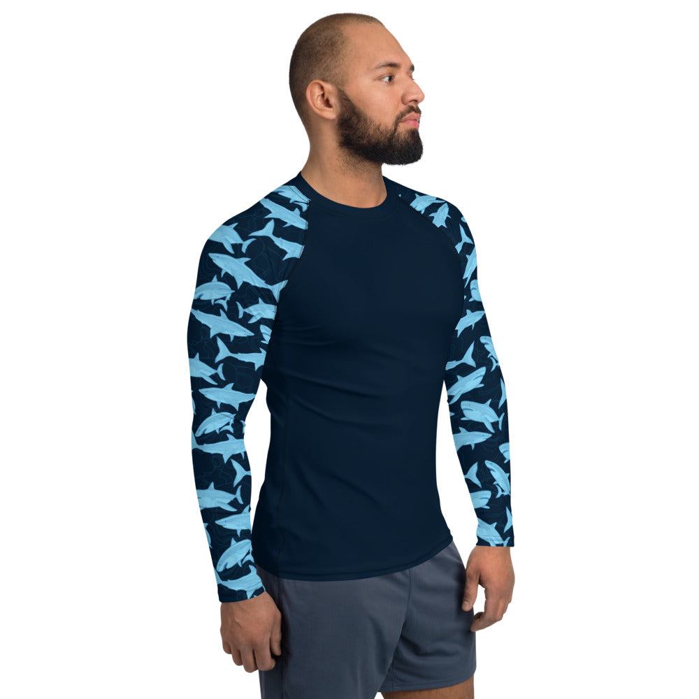 Blue Shark Men Rash Guard, Navy Print Surf Long Sleeve Swim Shirt Swimwear Sun Beach Designer Wet Suit Protection 40 UPF L