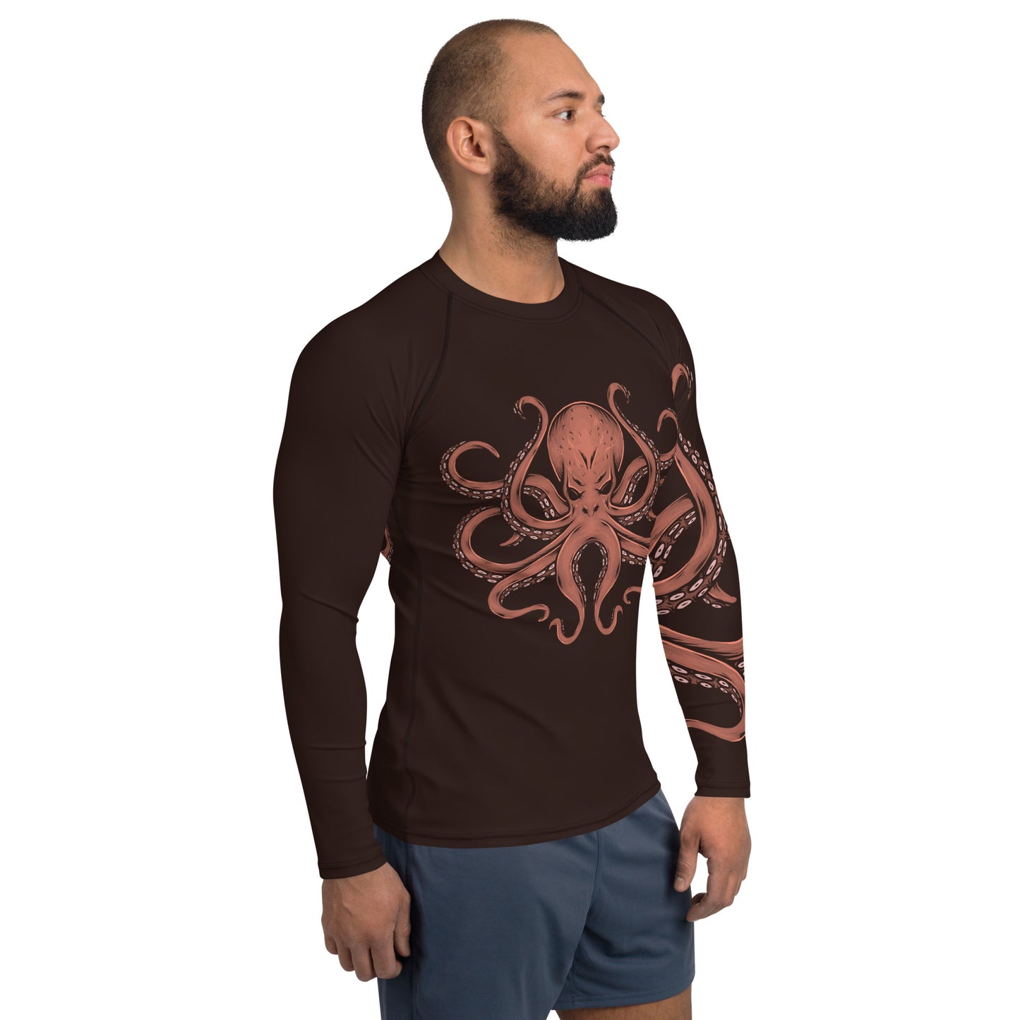 Octopus Men Rash Guard, Kraken Ocean Sea Fish Print Surf Long Sleeve Swim Shirt Sun Protection Beach Designer Wet Suit Jiu Jitsu UPF Cover