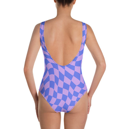 Groovy Checkered One Piece Swimsuit for Women, 70s Funky Pink Purple Check Trippy Designer Swim Swimming Bathing Suits Body Swimwear Starcove Fashion
