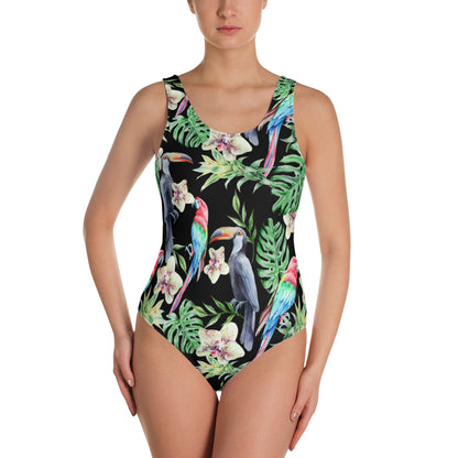 Tropical Pattern One Piece Swimsuit for Women, Parrot Bird Cute Designer Swim Swimming Bathing Body Suits Swimwear Starcove Fashion
