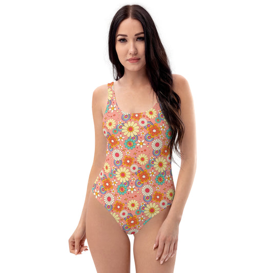 Groovy Flowers One Piece Swimsuit for Women, Retro Vintage Floral Daisy Cute Designer Swim Swimming Bathing Body Suits Swimwear Starcove Fashion