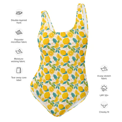 Lemon One Piece Swimsuit for Women, Yellow Summer Fruit Flowers Print Cute Designer Swim Swimming Bathing Suits Body Swimwear
