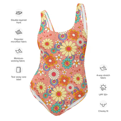 Vintage Flowers One Piece Swimsuit for Women, 70s Retro Groovy Cute Designer Swim Swimming Bathing Suits Body Swimwear
