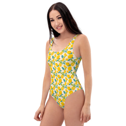Lemon One Piece Swimsuit for Women, Yellow Summer Fruit Flowers Print Cute Designer Swim Swimming Bathing Suits Body Swimwear Starcove Fashion