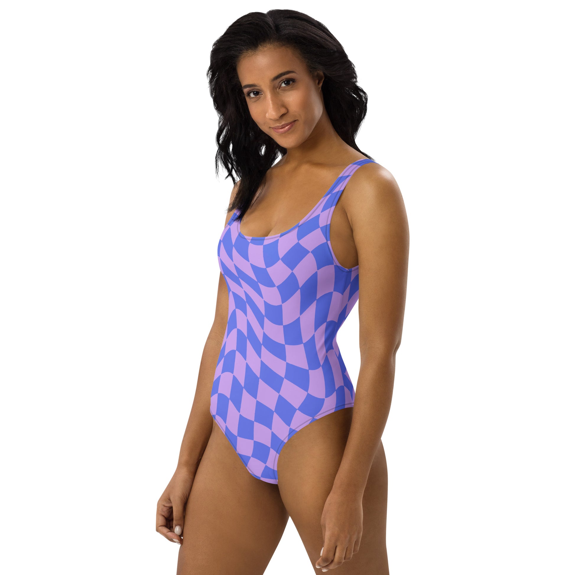 Groovy Checkered One Piece Swimsuit for Women, 70s Funky Pink Purple Check Trippy Designer Swim Swimming Bathing Suits Body Swimwear Starcove Fashion