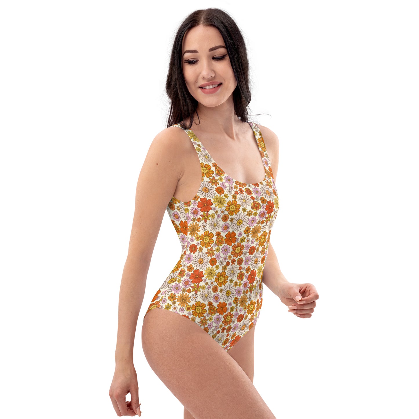 Floral One Piece Swimsuit for Women, Groovy Flowers 70s Retro Orange Vintage Cute Designer Swim Swimming Bathing Suits Swimwear Starcove Fashion